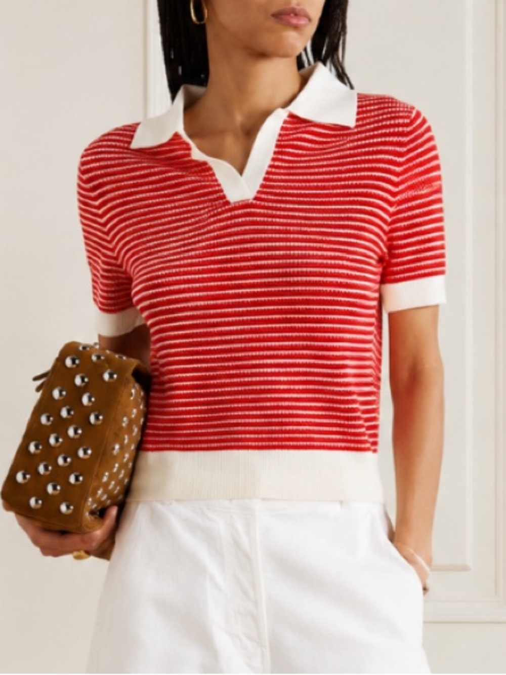 Allude Striped Pointelle-Knit Wool Polo Shirt